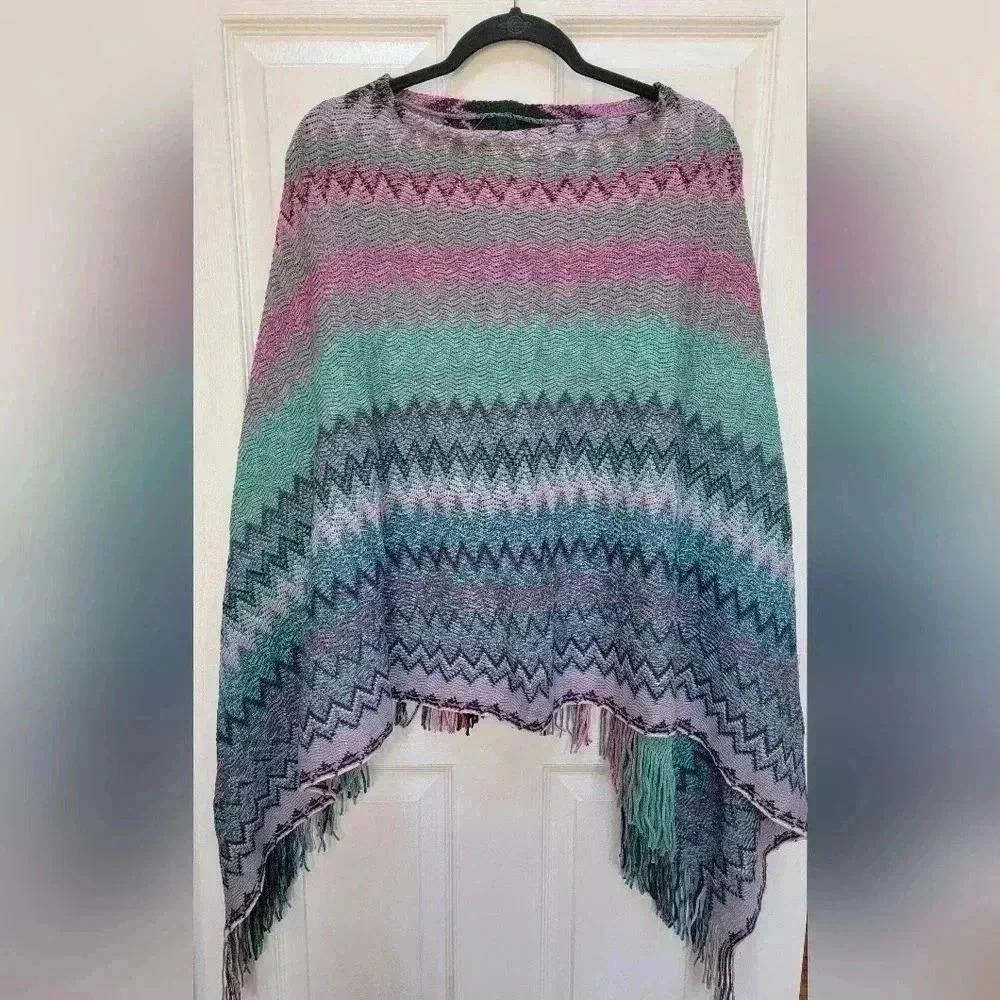 Chevron Pattern Knit Women's Side Poncho with Fringe NWT
